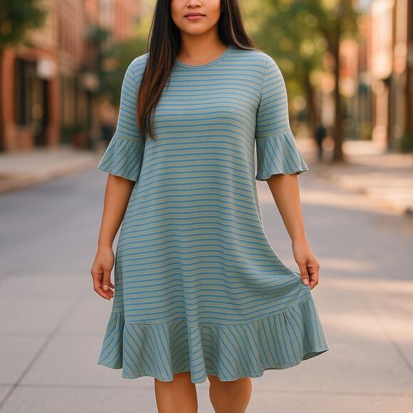 LuLaRoe Womens Dress Size M Maurine Green Blue Striped Swing Bell Sleeves NEW - Picture 1 of 5